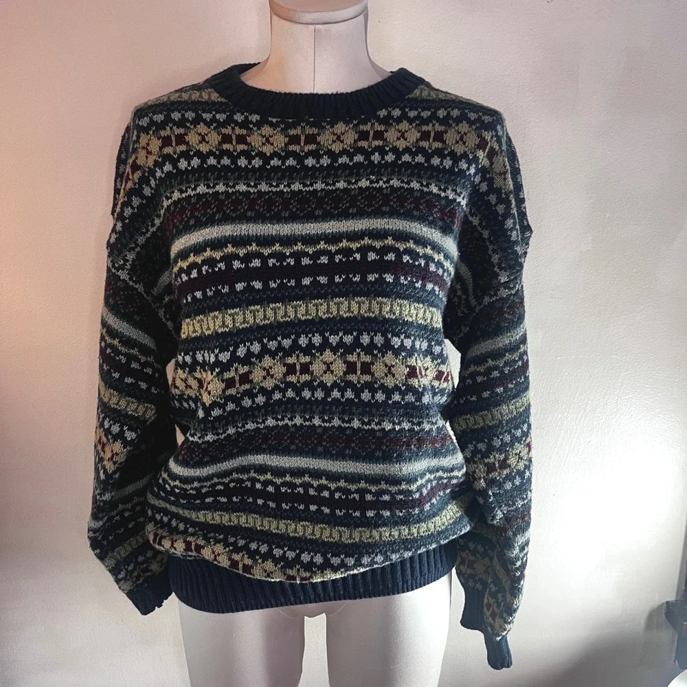 Vintage 90s Adult Large Fair Isle Cotton‎ Sweater Made in USA Navy Green Preppy